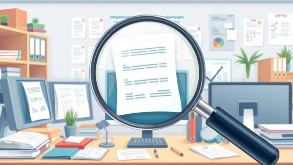 Illustration of self background check concept with computers and documents.