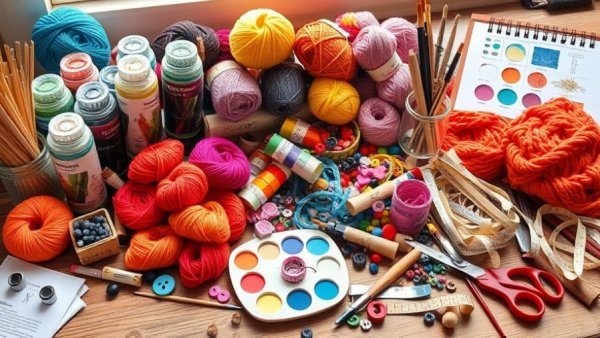 Vibrant craft supplies on table showcasing best online craft stores for discount supplies.