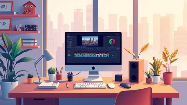 Modern workspace displaying video editing software.