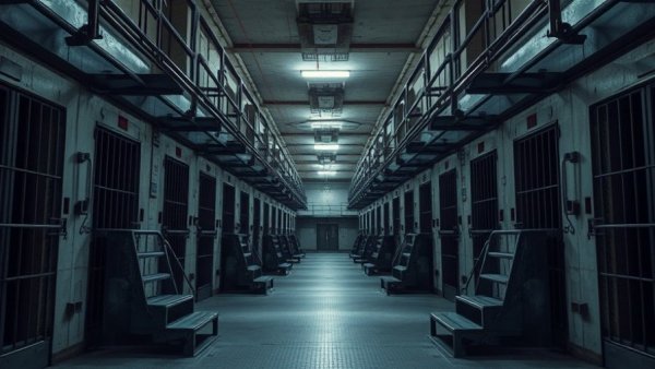 View of an empty prison corridor with metal stairs, highlighting confinement.