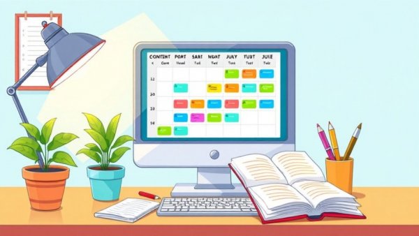 Cartoon workspace with Google Sheets content calendar on screen.