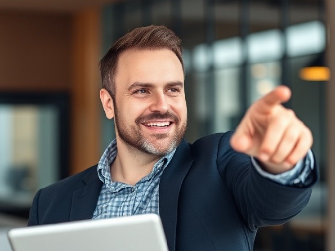 Happy business guy pointing right while holding a tablet.