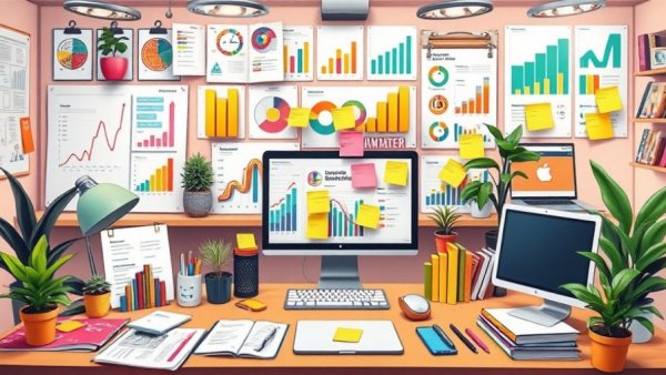 Cartoon workspace emphasizing effective marketing planning calendar.