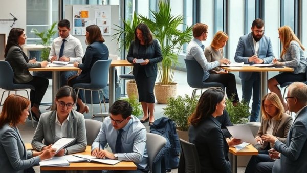 Diverse professionals during background checks process in office settings.