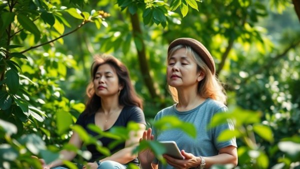 Mid-career adults practicing digital detox in nature.