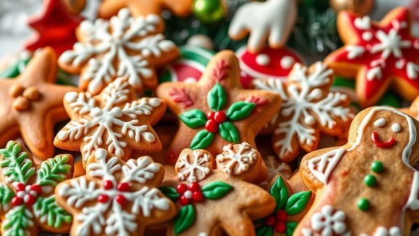 Colorful Christmas cookies with festive designs.