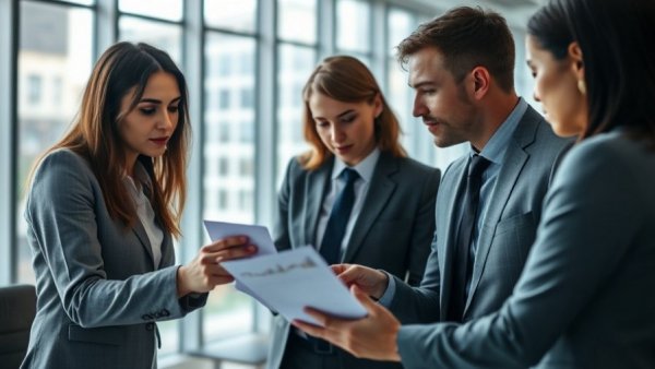 Professional team discussing brand reputation management in office.