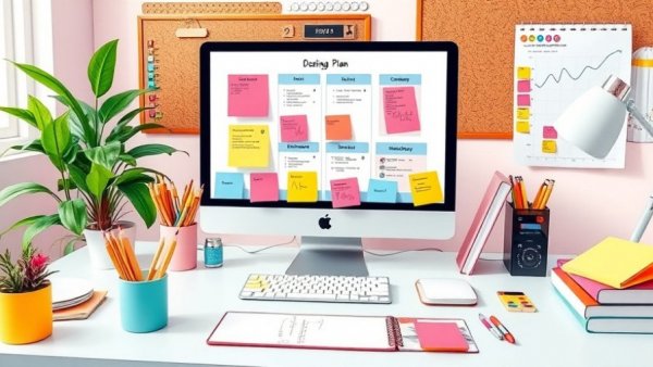 Workspace creating a social media posting plan template, colorful and organized.