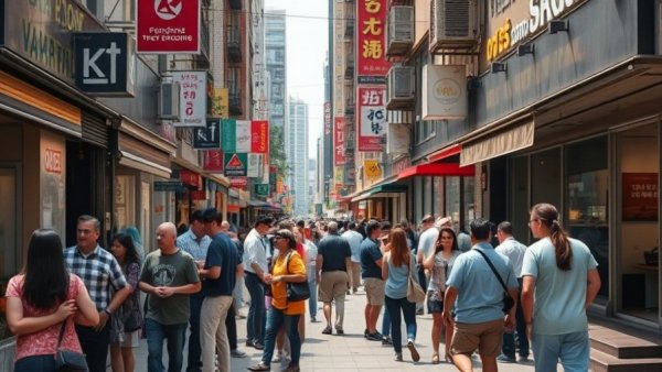 Urban street scene with people, depicting efforts to protect small businesses from displacement.