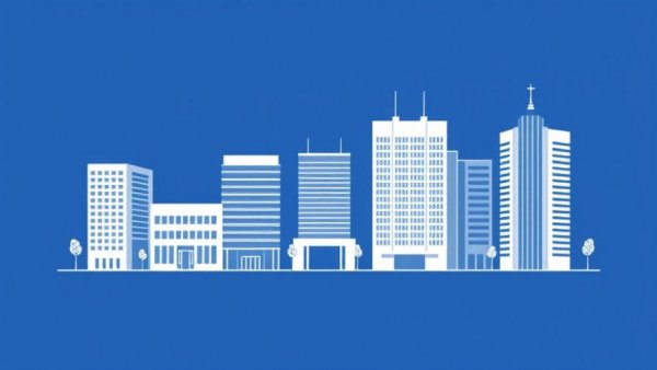 Minimalist corporate buildings illustration on blue background.