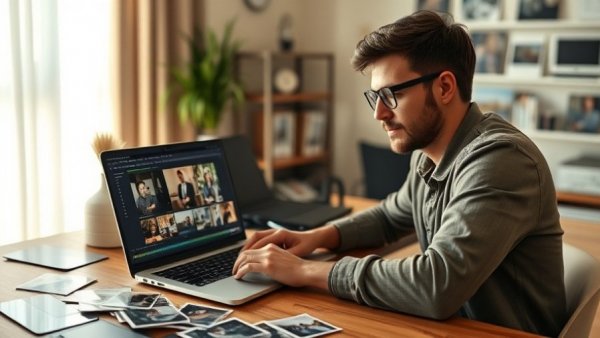 Editing video montage on laptop in creative workspace.