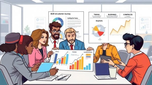 Cartoon-style business team analyzing B2B customer journey map, office setting.