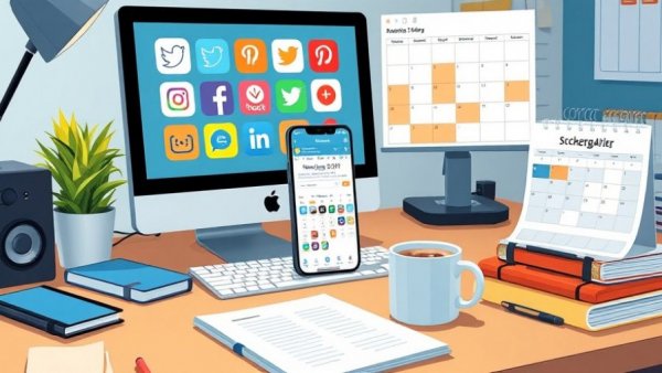 Illustration of workspace with computer and scheduling tools for best social media scheduling tools.