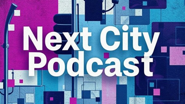 Abstract design with 'Next City Podcast' text in purple hues.