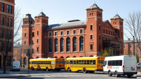 Historic Bronx armory in urban development, clear day