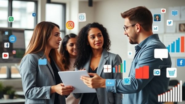 Team discussing social media content strategy with charts and icons.