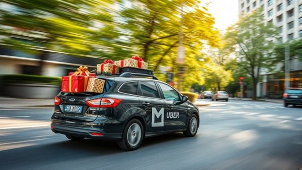 Uber Direct same-day delivery car with gifts in motion.