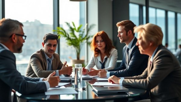 Professionals using conflict resolution skills in a meeting.