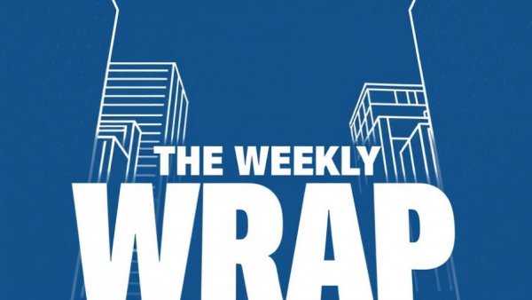 Minimalist weekly wrap logo, dark blue background, urban design.