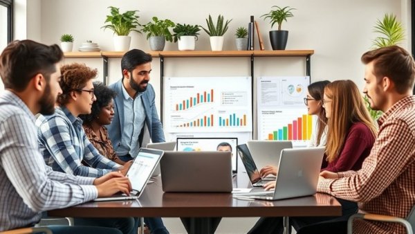 Diverse team discusses loyalty program management in office meeting.