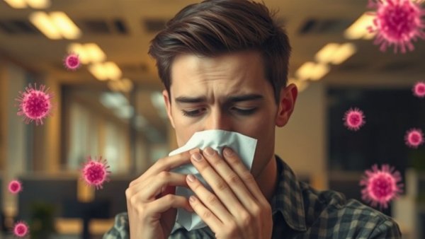Young man sneezing in office setting with a yellow tint, Stop Employees From Coming to Work Sick.