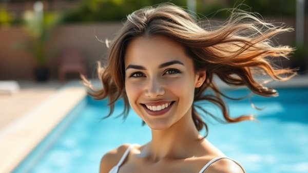 Smiling woman in front of a swimming pool, illustrating distance mentorship.