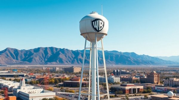 Warner Bros. water tower towering over studio lot with mountains.