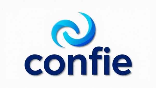 Confie logo design featuring swirling blue icon and bold text.