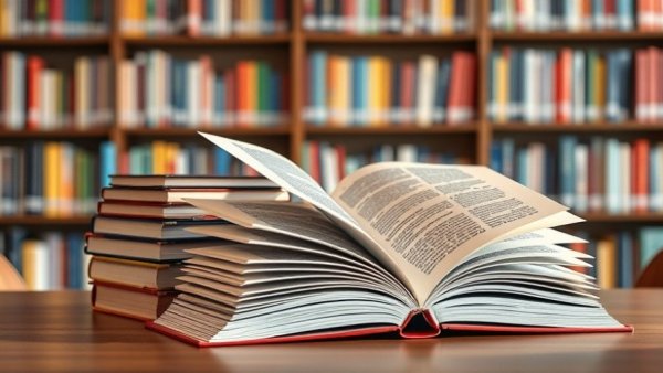 Open business books of 2025 on library table with shelves in background.