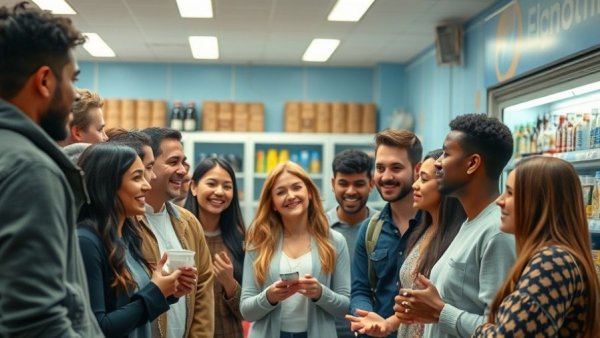 Group discussing drug prevention in convenience store setting.