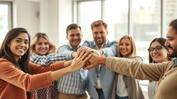 Diverse team in office showing unity by stacking hands.