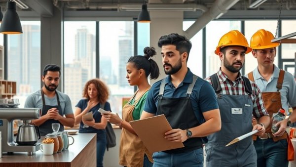 Diverse workplace scenes highlight the importance of minimum wage laws.