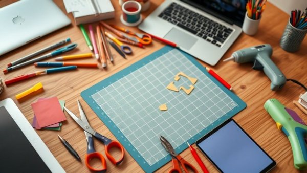 Modern crafting workspace with laptop and tools.