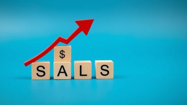 Scaling Sales Success concept with wooden blocks and upward arrow.