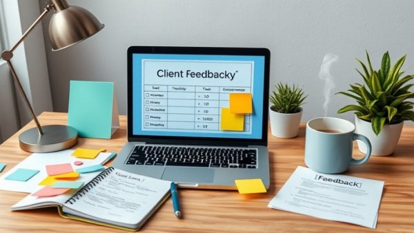 Effective Client Feedback Survey setup on a desk with laptop and notes.