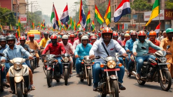 Vibrant Guinea elections 2025 parade with motorcycles and banners.