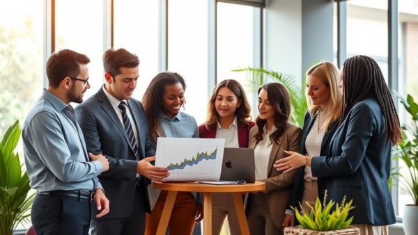 Business team in office discussing online reputation management.