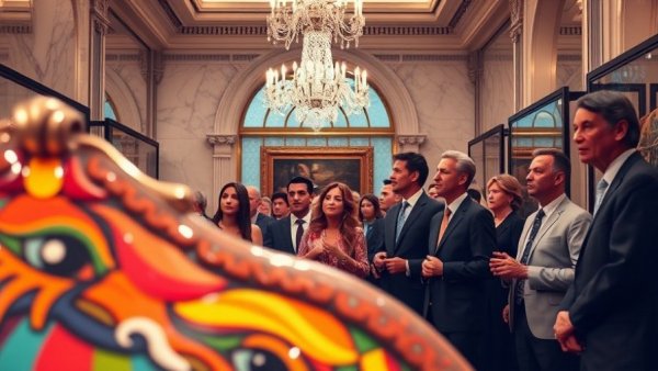 Zhang Damo MACA Award recognition event, with guests viewing vibrant artwork.