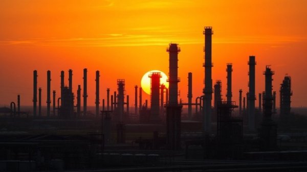 Chevron Venezuela Oil Strategy: Industrial refinery at sunset.