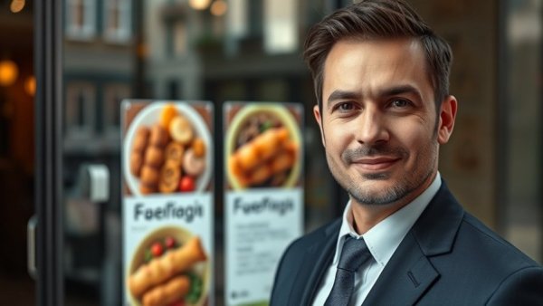 Business professional in front of restaurant window, urban background.