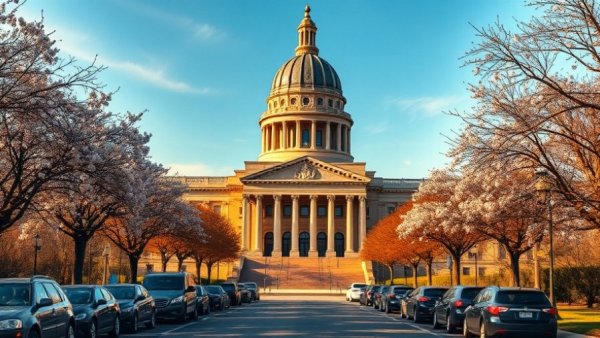 Government building with dome, spring trees, parked cars in foreground.