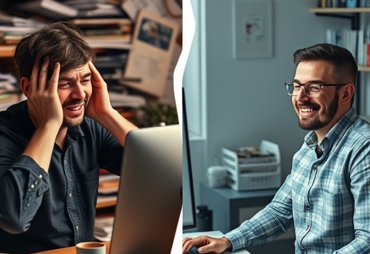 Split scene: frustrated person with cluttered digital workspace vs. happy guy at organized desk.