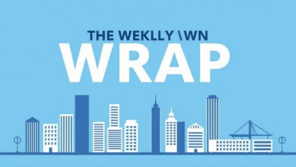 Abstract cityscape with 'The Weekly Wrap' text, Federal Funding Cuts for Sanctuary Cities