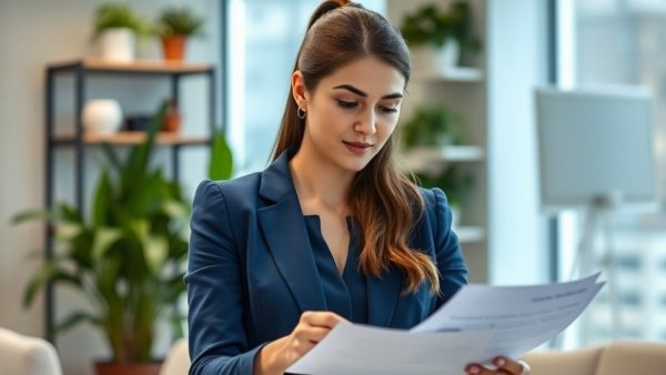 Young woman in blue blazer examining documents in an office for First Advantage additional handling requirements.