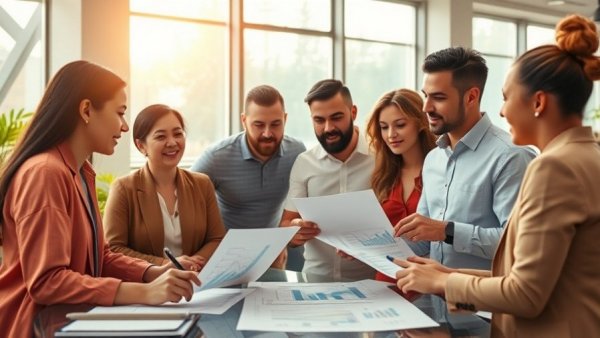 Team collaborating with charts and laptops, Loyalty System Providers discussing strategies.