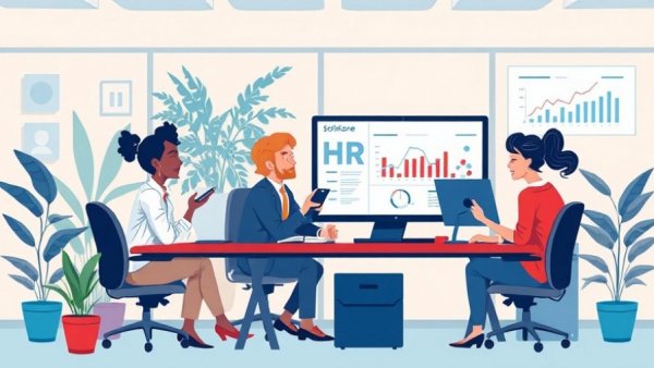 Illustration of professionals using HR software in office.