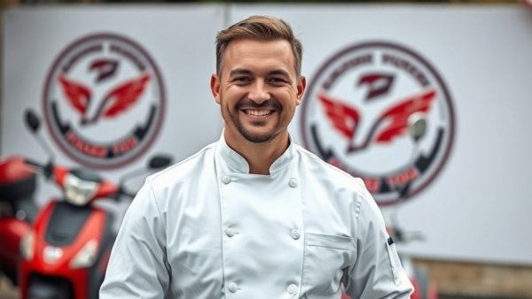 Chef in black coat outside, emblem backdrop, leadership theme.