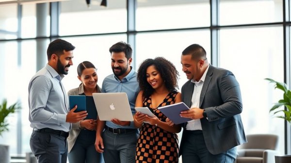Business team collaborating in a modern office.