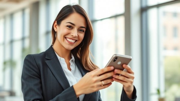 Smiling woman in office holding a smartphone, representing effective retail business programs strategies.