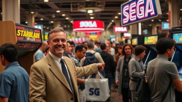 David Rosen Sega Legacy: Man in suit at retro Sega gaming expo.